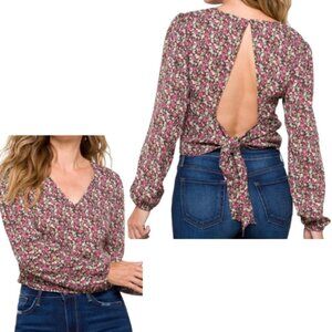 LUSH Pink & Black Ditsy Floral Long Sleeve Open Back Blouse Size M